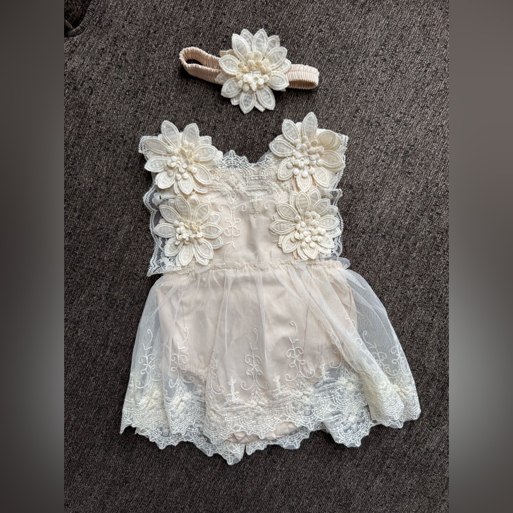 Lace & Flowers Antique Color Baby Dress with Headband NWOT